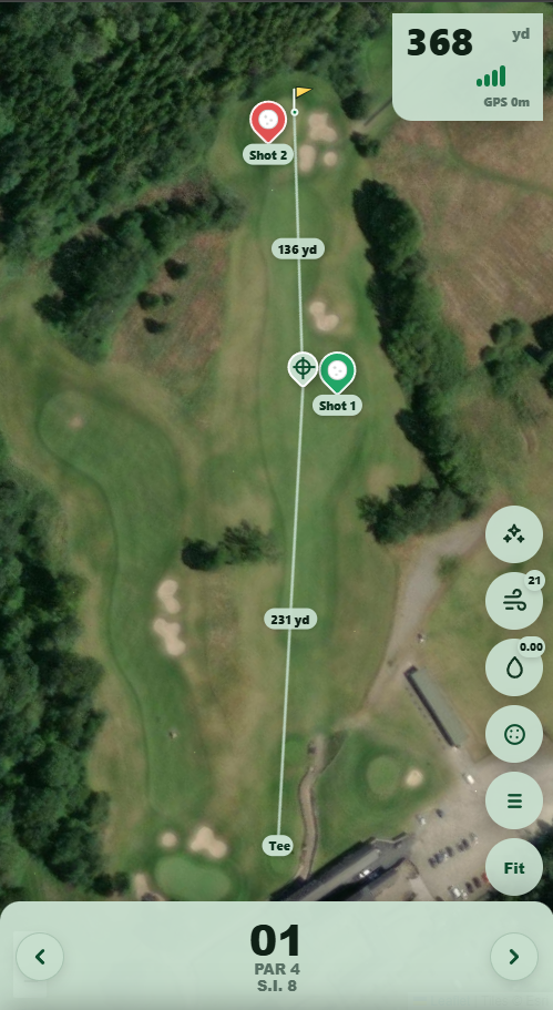 My Golf Hub GPS round tracker showing shot pins, yardages and live round controls